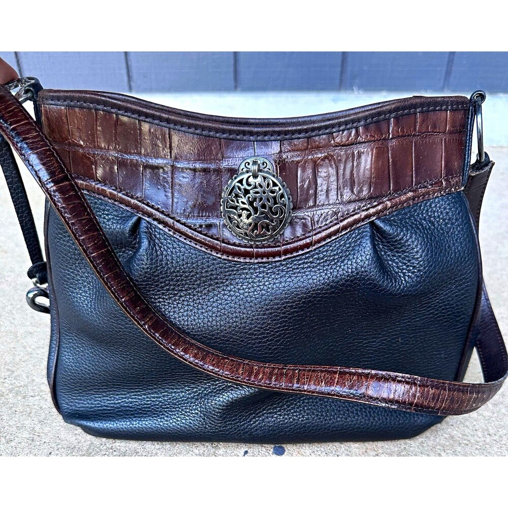 Brighton Black Pebbled Shoulder Bag Brown Croc Trim Heart Charm Zip Pockets